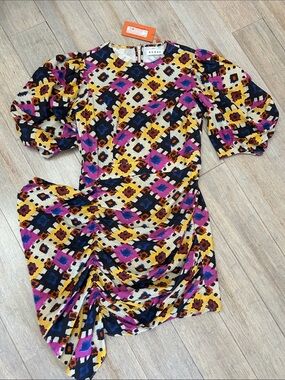 RHODE Multicolor Floral-Geometric Mini Dress in Pink, Yellow, Blue & Black